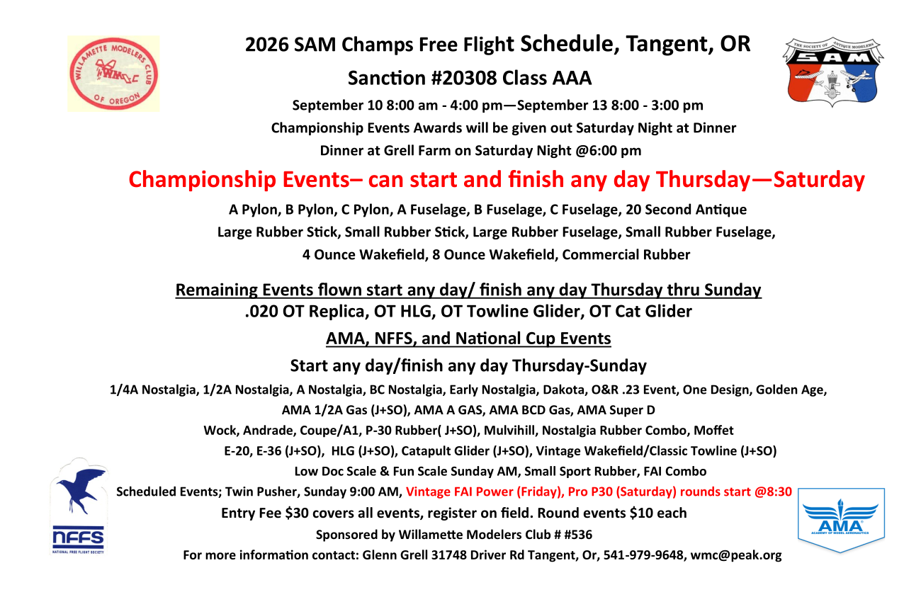 2026 SAM Champs Free Flight Schedule